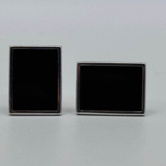 Fashion Rectangle and Round Silver Black Mens Cufflinks 2 Sets - Picture 2 of 7